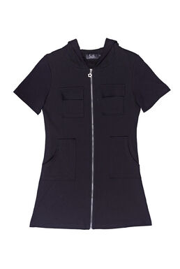 Fine Zip Front Pocketed Casual Dress With Cap (Black)
